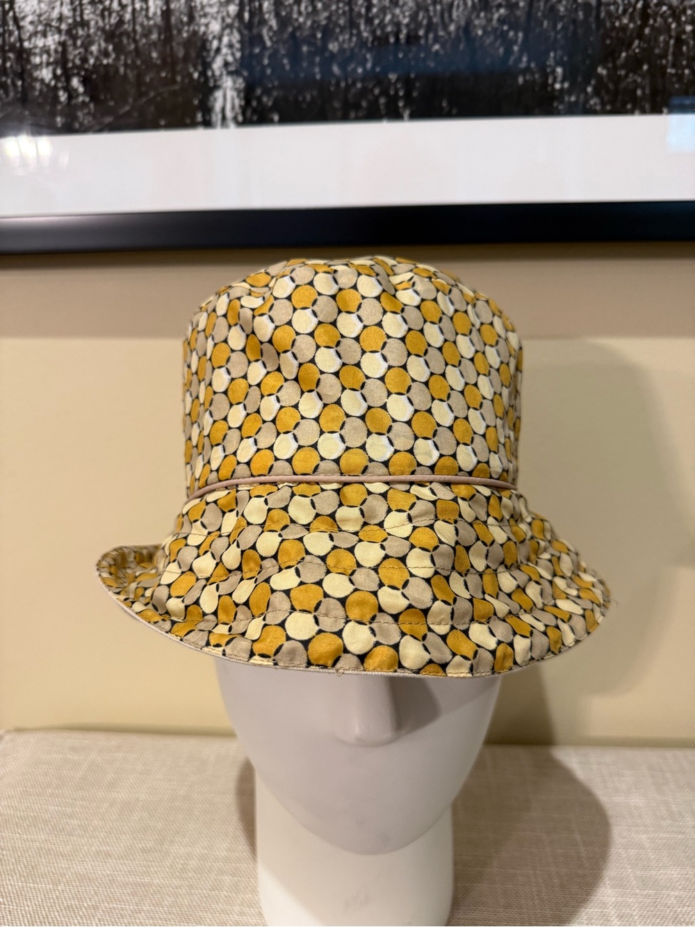 Reversible Geometric Retro pattern / Beige Rain Hat - Packable Bucket / Sun Hat